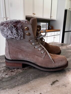 $225 New Antonio De Furia Portugal Women's Taupe Suede Lace-Up Fur Ankle Boots 9